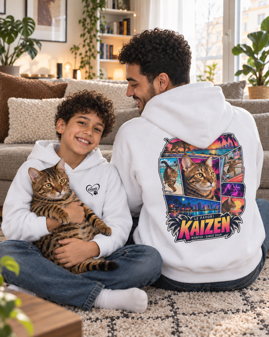 Rayan de face avec Kaizen dans les bras et son grand frère Abdel de dos, hoodies Le Favori blancs — campagne fictive