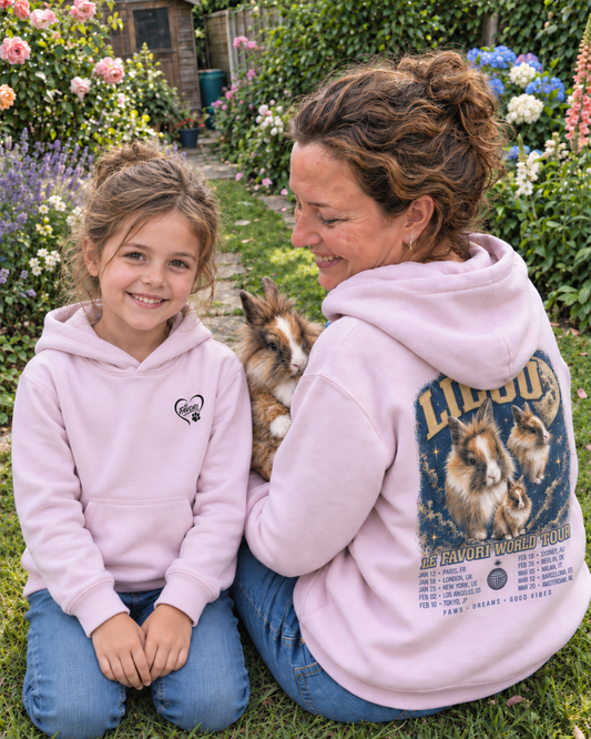 Delphine, Louise et Lilou — hoodies World Tour rose pâle assortis, vue de face enfant — campagne fictive LE FAVORI