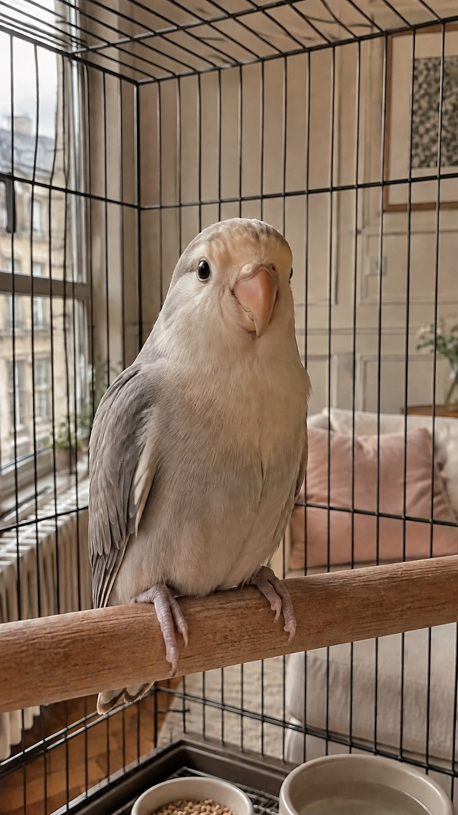 Ziervogel in seinem Käfig am Fenster fotografiert