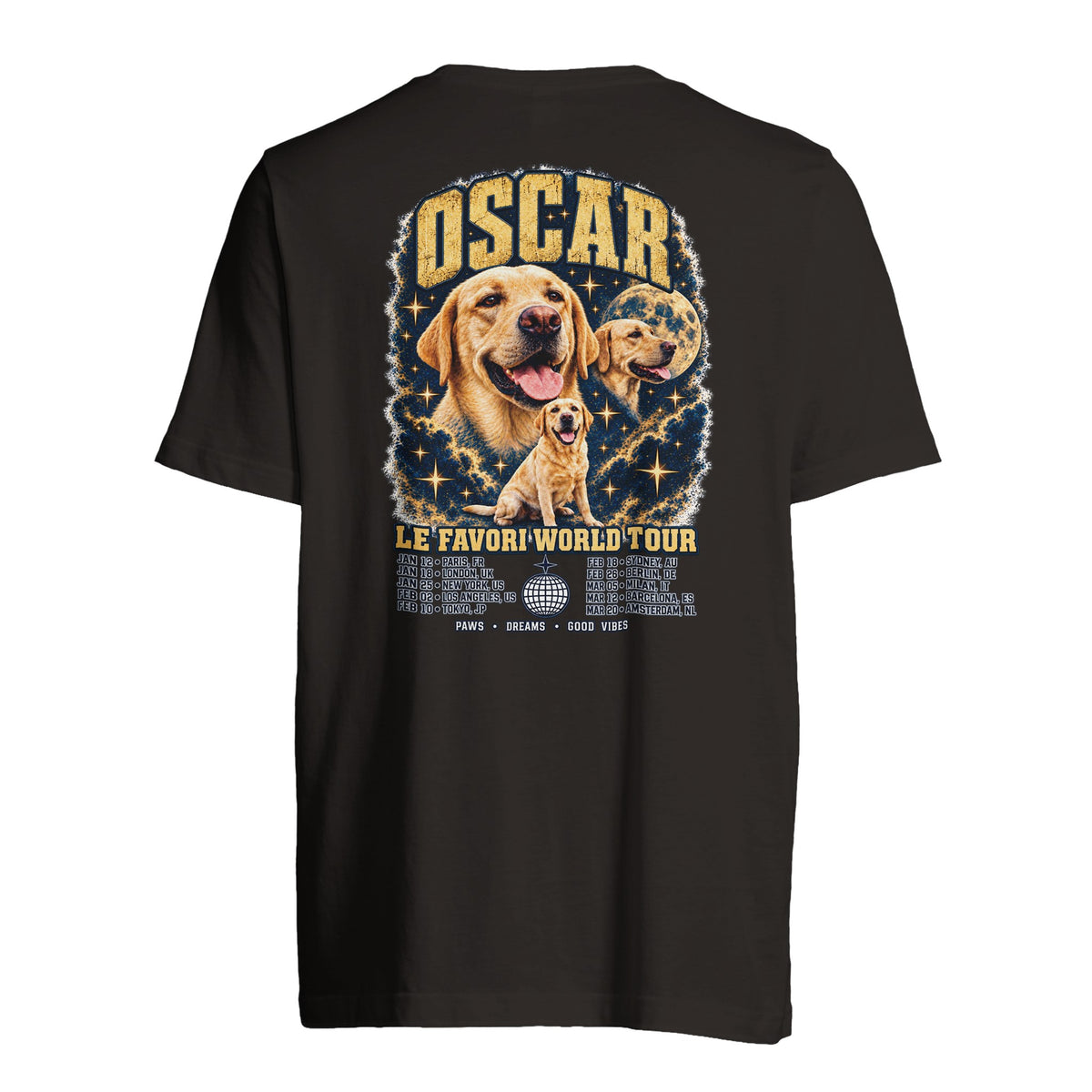 T-shirt noir personnalisé World Tour LE FAVORI, portrait animal en affiche de tournée