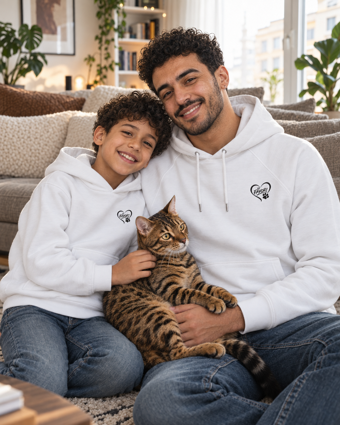 Abdel, Rayan et Kaizen — hoodies Vice City blancs assortis, vue de face enfant — campagne fictive LE FAVORI