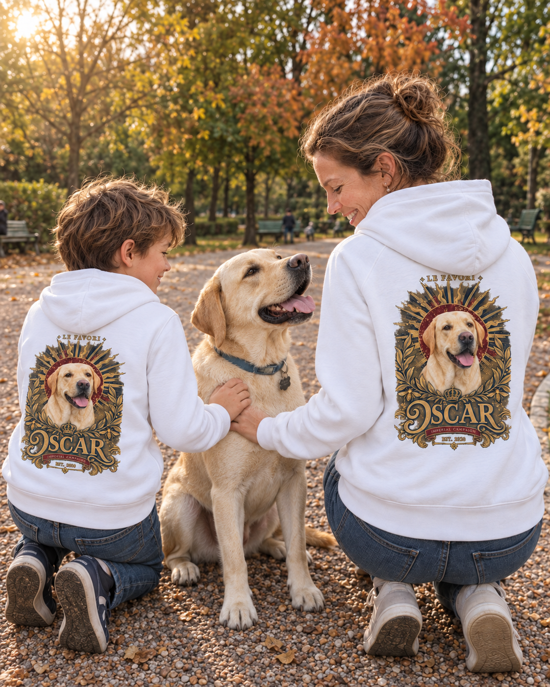 Anne, Theo et Oscar — hoodies L’Impérial blancs assortis, vue de dos — campagne fictive LE FAVORI