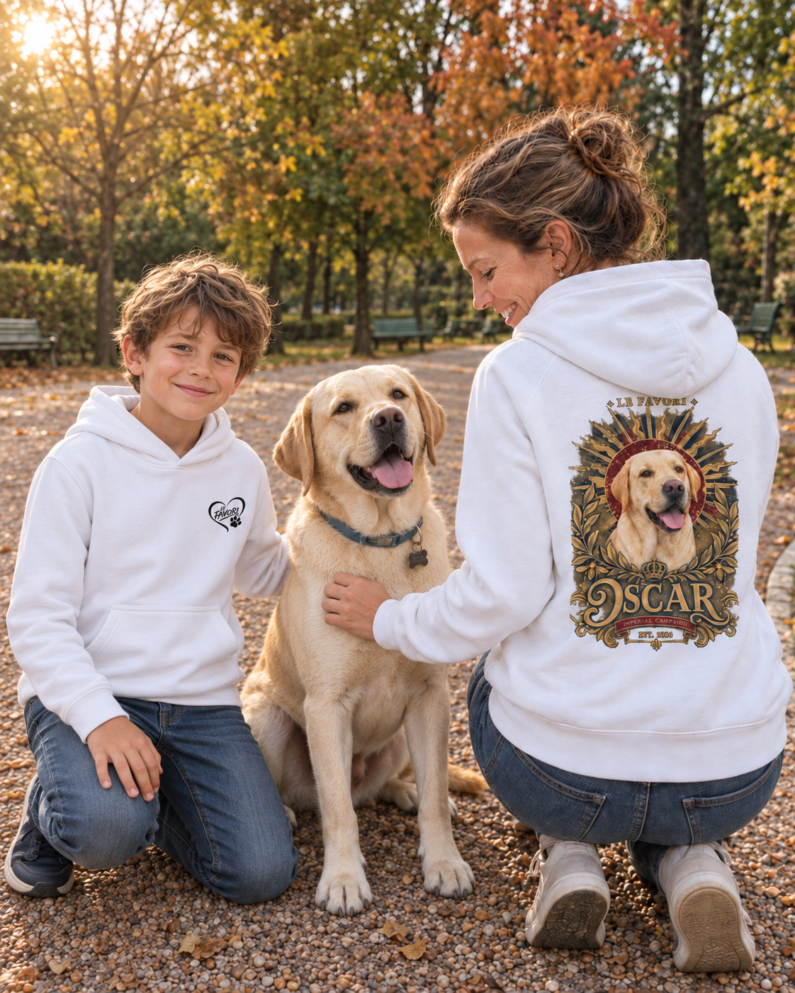 Anne, Theo et Oscar — hoodies L’Impérial blancs assortis, vue de face enfant — campagne fictive LE FAVORI