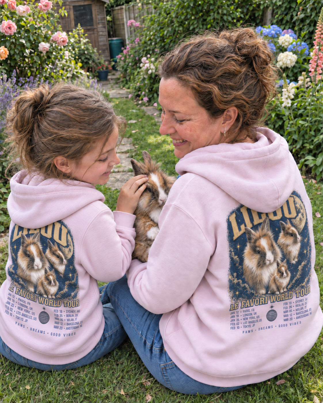 Delphine, Louise et Lilou — hoodies World Tour rose pâle assortis, vue de dos — campagne fictive LE FAVORI