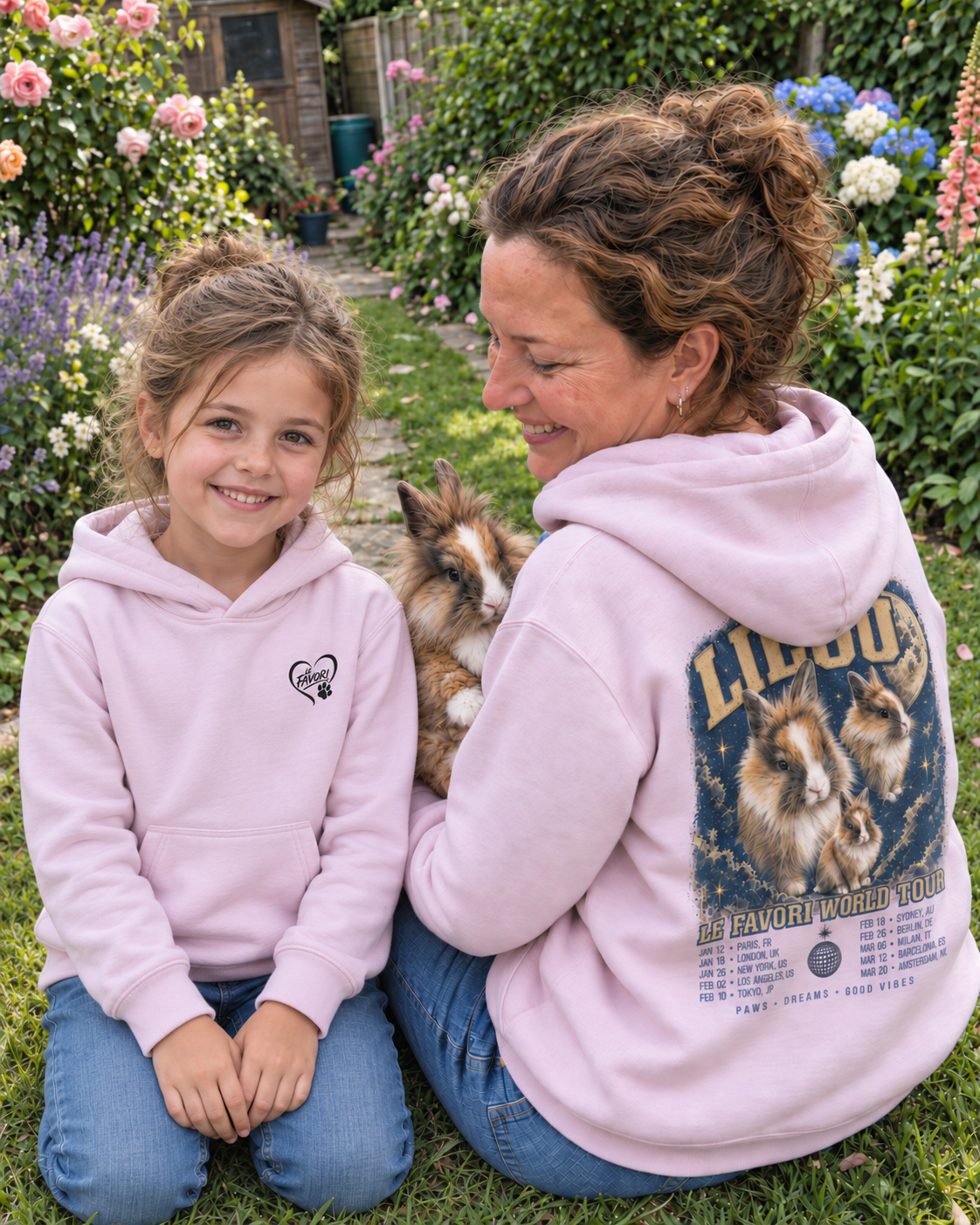 Delphine, Louise et Lilou — hoodies World Tour rose pâle assortis, vue de face enfant — campagne fictive LE FAVORI