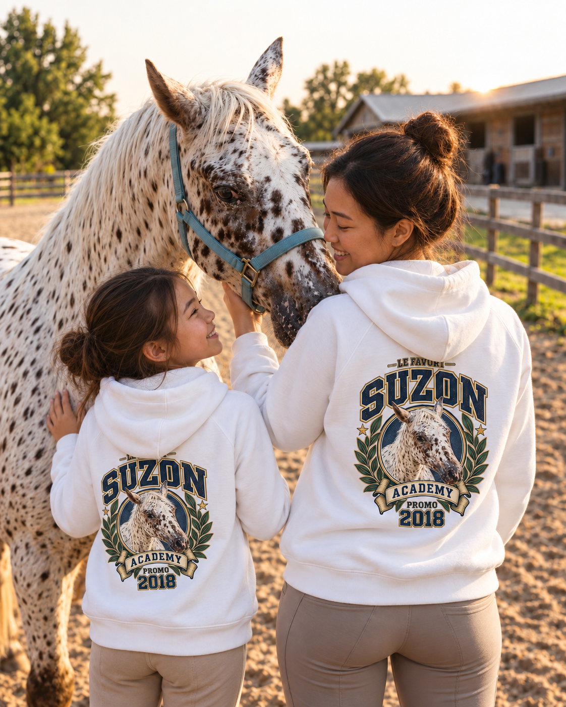Naomi, Lucie et Suzon — hoodies L’Académie blancs assortis, vue de dos — campagne fictive LE FAVORI