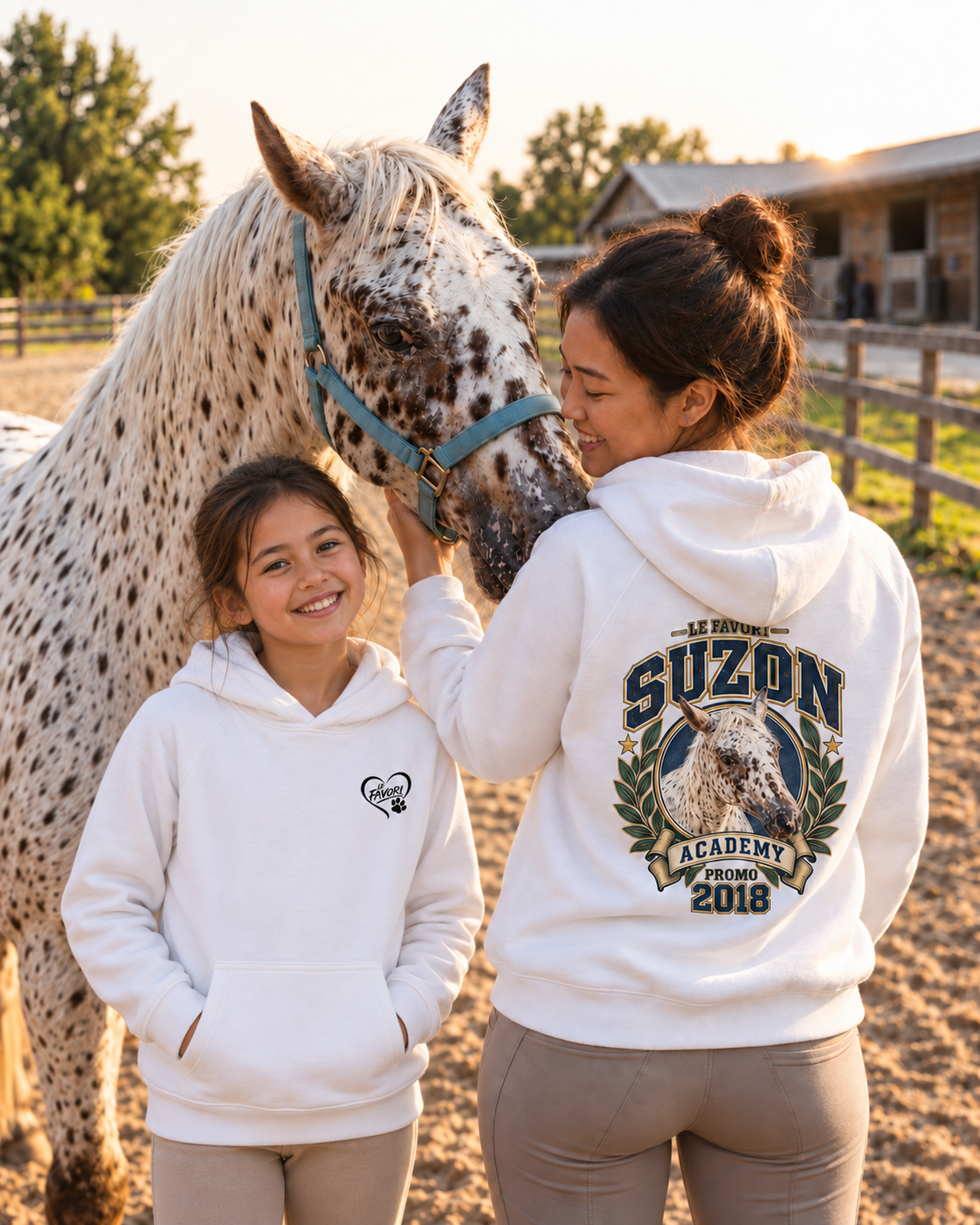 Naomi, Lucie et Suzon — hoodies L’Académie blancs assortis, vue de face enfant — campagne fictive LE FAVORI