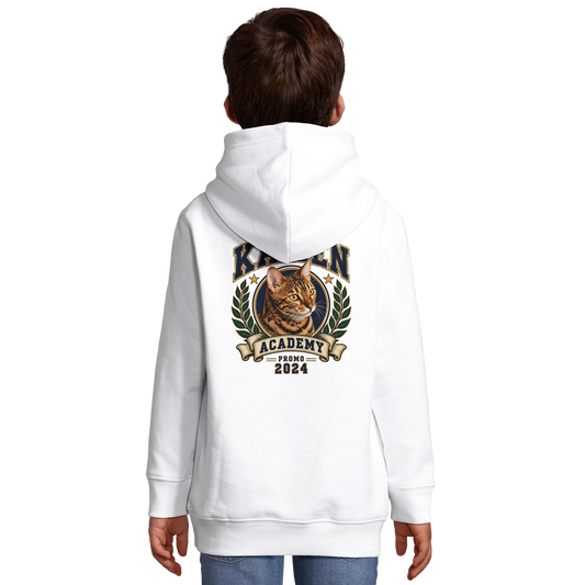 L’Académie, hoodie enfant personnalisé — hoodie blanc porté par un enfant, vue de dos