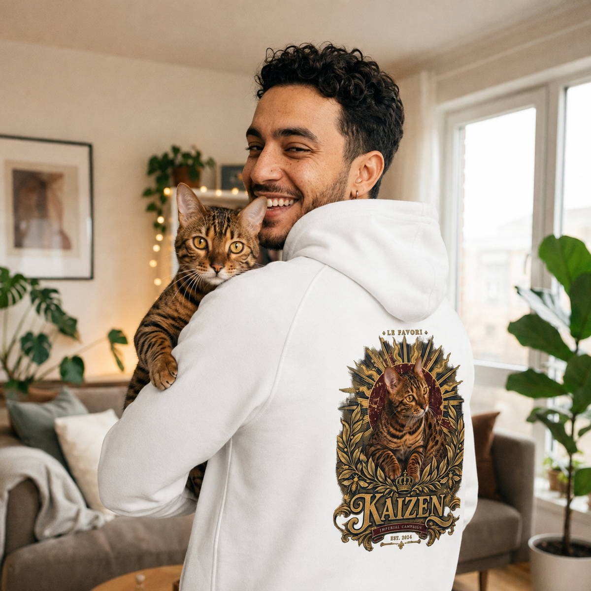 Propriétaire avec Kaizen le chat, hoodie L’Impérial personnalisé vu de dos