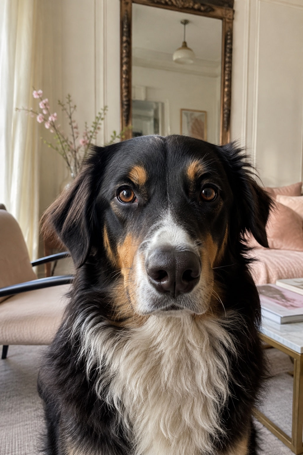 Chien photographié au téléphone à hauteur de regard dans une lumière naturelle