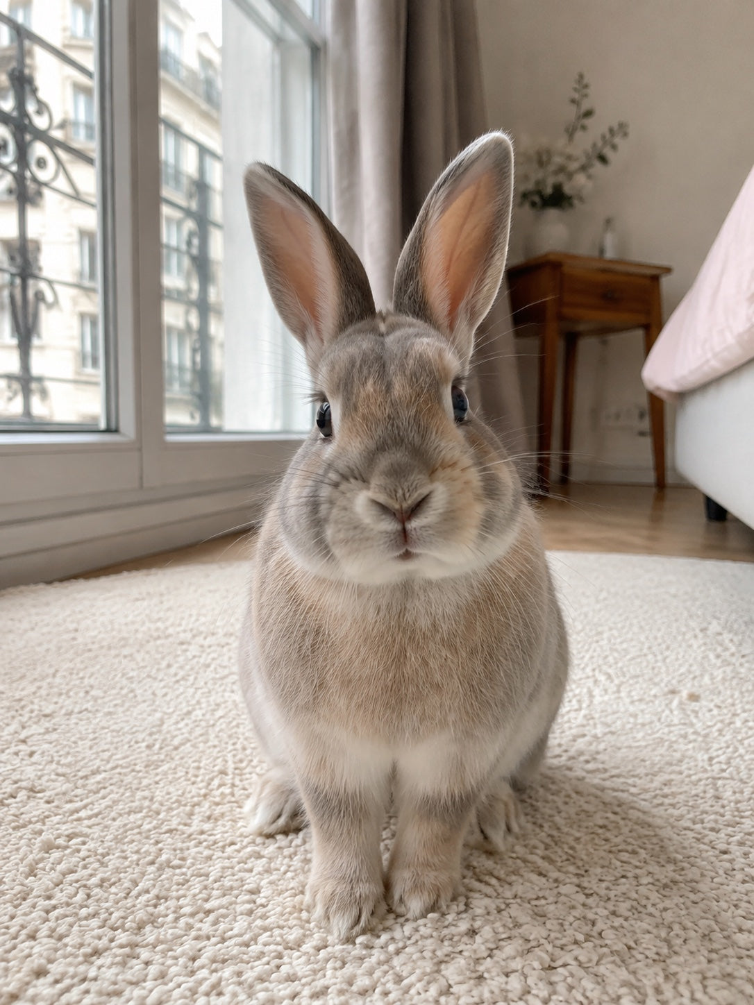 Lapin photographié au niveau du sol avec les oreilles visibles